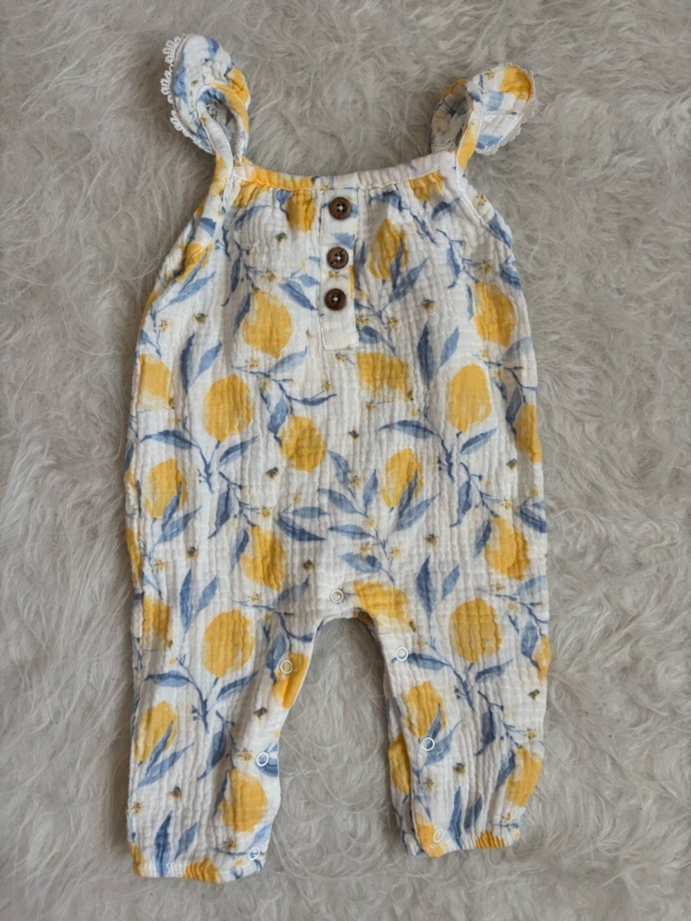 Emily & Oliver Modern Yellow Lemon Print Baby Romper with Blue Leaf Detail